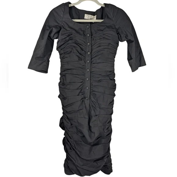 Byron Lars Beauty Mark Black Ruched Bodycon Midi Dress Size 2 Cocktail Party - Picture 7 of 15